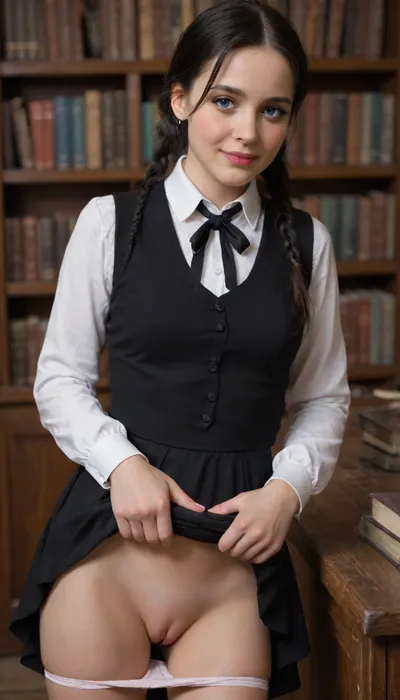 Sexy 25 yearold girl, bending on corner of desk, (young, cute, tiny, pretty, petite), (((large blue eyes))), (((long black hair))), wednesday Addams oufit, she lifts her skirt, her small pussy exposed, ((realistic tiny vagina)), ((ejaculating from her tiny pussy)), ((shy, smiling), (blushing:1.5)), in medieval library with books stacked on tables, ((upskirt view)), film photography, vintage, realistic, sharp focus, (very detailed), ((4K HQ)), High contrast, panties pull