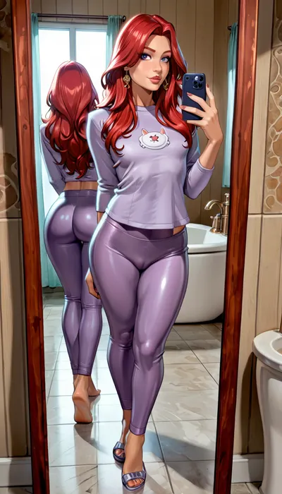 (reiq style:1), ((Plump scandinavian 20 year old girl, freckles, 5'2", red hair, long hair, small/medium chest, 36c, pierced nipples, shaved pussy, straight hipsh pawg)), bulging pubic mound, plump pubis, ((sensual face), light purple yoga pants, tee shirts, taking a selfie, full body, in the bathroom mirror, mirror behind showing back side)