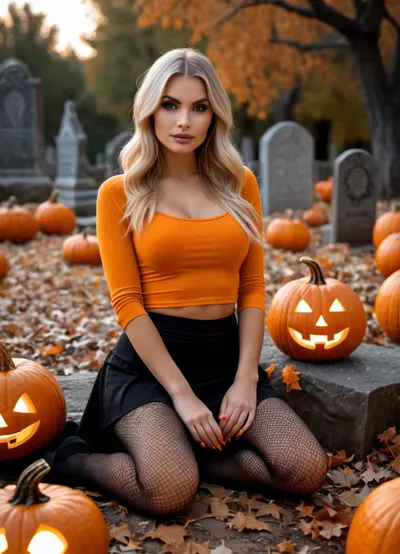 ((photorealistic)), 1.3, high-quality photograph, (full portrait of a young woman), 1.1, sitting on cracked ground, (wearing an orange cropped top and black miniskirt), (in fishnet tights), (glittery orange nails), tattoos on her arms, (long blonde hair), (holding a glowing jack-o'-lantern), . A black cat with orange eyes is sitting next to her. **Background, **, (jack-o'-lanterns scattered on the ground), (silhouettes of scary leafless trees), (silhouettes of gravestones), (orange Halloween glow), night, eerie atmosphere., (Glow effect from pumpkins), volumetric lighting, soft shadows, (depth of field), bokeh, (cinematic lighting), professional studio photography, sharp focus, high detail, (8k), (masterpiece), (best quality), (high resolution), (complex lighting), (color correction), (high clarity), (photorealism), (film grain), (analog photography)