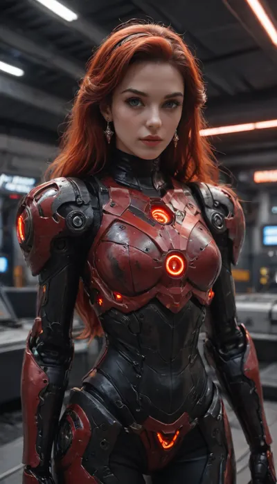 Princess Ariel, (robotic black mech armor:1.5), (red neon glowing armor:1.3), BFG-9000, spaceship interior, <lora:Mecha_Ggorgeous_Armor-000011:1.5>