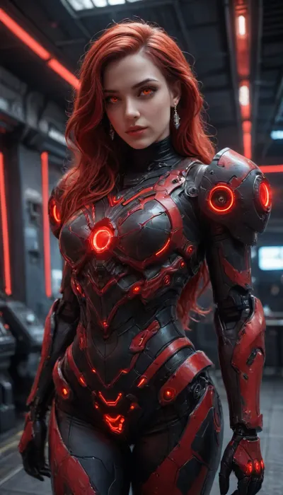 Princess Ariel, (robotic black mech red neon glowing armor:1.9), futuristic plasma-gun, spaceship interior, <lora:Mecha_Ggorgeous_Armor-000011:1.5>