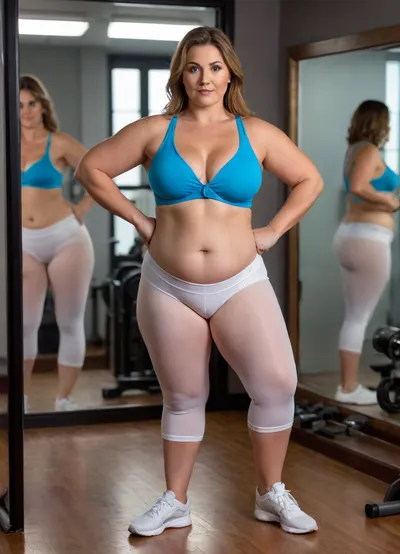 (MILF:1.3), (overweight:1.3), Photorealistic image of a 55-year-old mature woman with a voluptuous, curvy figure ..., (full description of the motif implied), . She is wearing bright white and blue gym pants and a matching crop top. The gym pants are very form-fitting and emphasize her strong thighs, while the crop top highlights her full waist and a supportive inner structure discreetly accentuates her voluptuous cleavage. She stands in an athletic pose and looks at her figure in a three-way mirror. Her expression is lively and confident, her amber eyes radiating self-assurance. Studio lighting, (cameltoe), mons pubis

Translated with DeepL.com, (free version)