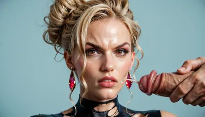 A mother stands in front of her son in torn clothes and matching tights, her face covered in sperm, an angry expression, blonde, brown eyes, 30 years old