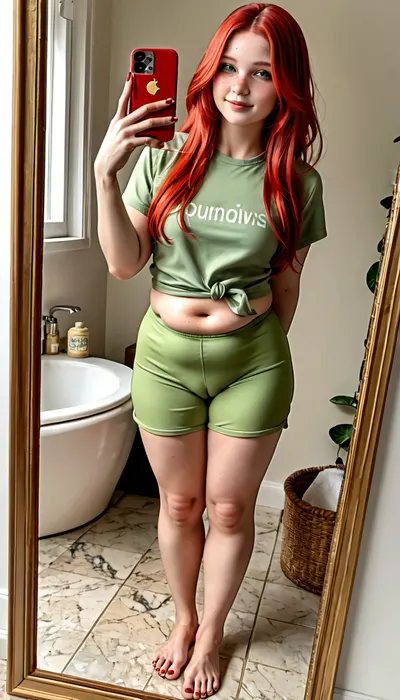 ((Plump scandinavian 20 year old girl, freckles, 5'2", red / blond hair, long hair, medium chest, C Cupsh, shaved pussy, straight hipsh pawg)), bulging pubic mound, plump pubis, ((sensual face), green yoga shorts, tee shirts, taking a selfie, full body, in the bathroom mirror, mirror behind showing back side, covered pussy)