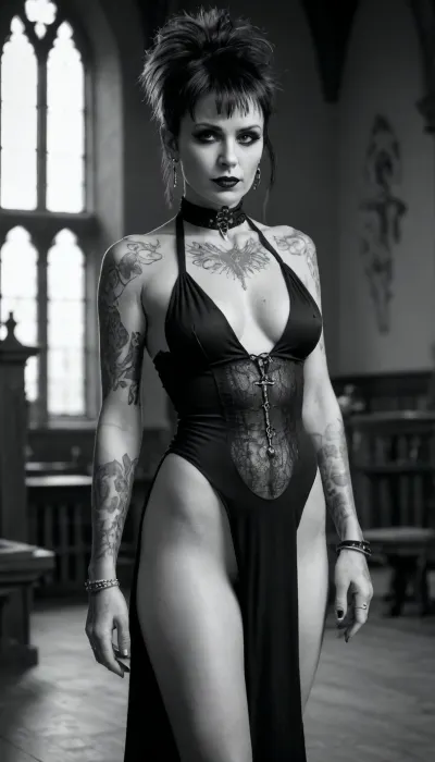 19th century vintage monochrome victorian photography, scratches and unperfections, walk, walking, 70 years old, sensual, inteligent oldschool half clothed heavymetal nun in robe, small tits, seductive big lips, tin punk babe, facing the viewer, skin full of tattoos, punk tattooes, collar bone tattoo, punk mohawk, goth bi bangs, hair with goth bangs, (punk hairstyle), well defined body, busty, pierced nipples, extremely hairy woman, showing armpits, untrimmed very hairy pussy, monochrome in accient gothic chapel, indoor
