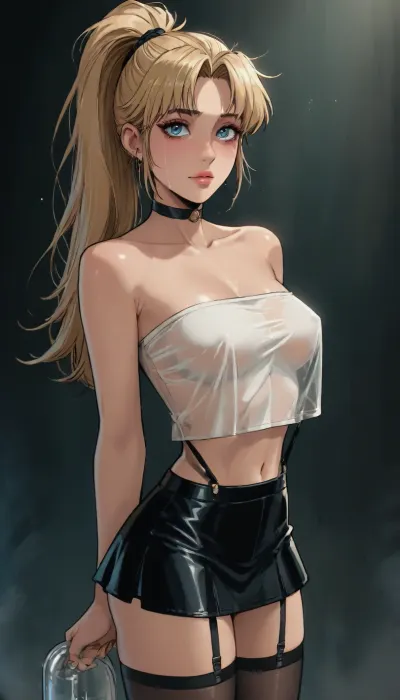 Score_9, score_8_up, score_7_up, reiq meets markgavatino art style, 22 year old, black stockings with garters, (garters:1.3), (makeup:1.3), black choker, leather micro skirt, (white wet transparent tube_top), ((woman, standing)), (seductive face:1.4), ((long_straight_blonde_hair in a high ponytail)), standing, looking up at you, (((teary eyes))), cute, ratatatat74, <lora:cutedoodle_XL-000012:.8>, <lora:ratatatat74-000050:.8>, <lora:NEOTOKIOXL_0.2_RC:.8>, <lora:outline_xl_kohaku_delta_spv5x:.8>
