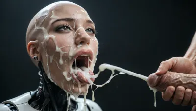 close-up, sexy robot doll, android, sexbot, bald robot cyberpunk, shiny chrome parts, cybernetic body, wide hips, thin waist, (massive breasts:1), dark eyes, vacant look, sexy, white male in front of female, masturbating, (ejaculation:1.3), gigantic 18 inch thick penis, huge erection., (gaping mouth:1.2), tongue sticking out, (realistic excessive thick runny cum all over her face and body), mouthfull of cum, excessive cum dripping out of her open mouth, nose full of cum, mouth full of cum, lots of very thick cum, loads of cum, woman, on, face, excessive bukkake, cum, facialized, superfacialized, black background, Allisfulloflove1024, ., <lora:Allisfulloflove1024:1.4>