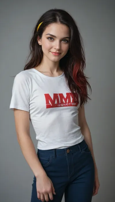 realism, ultra-realism, UHD 8K, extreme realism, maximum detail, (high-detail skin), high quality, flat chest, A thin and tall girl, very long black hair with red streaks and a yellow headband, two-tone hair, red and black, Yellow eyes, Carmine from pokemon, distinct eyelashes, a dark blue three-button jacket, a white T-shirt, long blue trousers, and a white belt, smile