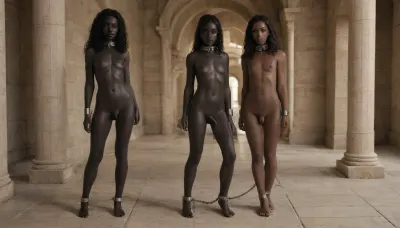 2people, (1femboy), (2femboy), transsexual, 18 years old, young, shiny_skin, solo, full body view, (very long black hair), (black skin:1.77), ((deep dark black skin)), green eyes, nipples, looking_at_viewer, (frontal view), straight hair, loose hair, uncensored, navel, round breasts, breast a-cup, very_skinny, petite, (slave collar), small penis, shiny_hair, thighs, standing, standing side by side, ass visible, ass spreading, chained as a bdsm slave, metal bdsm chains, leash, looking afraid, ancient roman villa, realistic, slave_restraints, outfit, <lora:slave_restraints:.8>