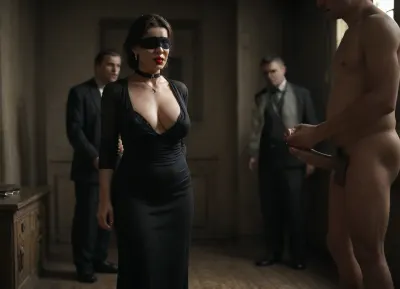 (realistic style), masterpiece, highest quality, ultra detailed, extreme high quality, 8k, uhd, RAW file, high quality textures, (husband handing over his wife to a black man:1.2), (drug lord), (black man with cock waiting), lifting her evening dress, stripping, caress, man in suit, (submissive mature wife exposed standing in the center of the room:1.4), (woman standing hands back waiting orders), worried, sorrow, blindfolded, bdsm, collar, ballgag, muzzle, (british milf:1.3), submissive, (spontaneous face expressions:1.1), naughty, slut, sagging tits, (mafia, in a bad mood, stern look, fat black man:1.3), (realistic skin texture), detailed beautiful cock, precum, ass, tits, pussy, embarrassed, shy, lavy black lingerie, in a living room, soft shadows, night, soft light, full body view, detailxl, expression, photo, portrait, <lora:Expressions XL:.5>, <lora:real-humans-PublicPrompts:.8>, <lora:dark:.4>, (RealBlackFFStocking), <lora:RealBlackFFStocking_XL:.8>