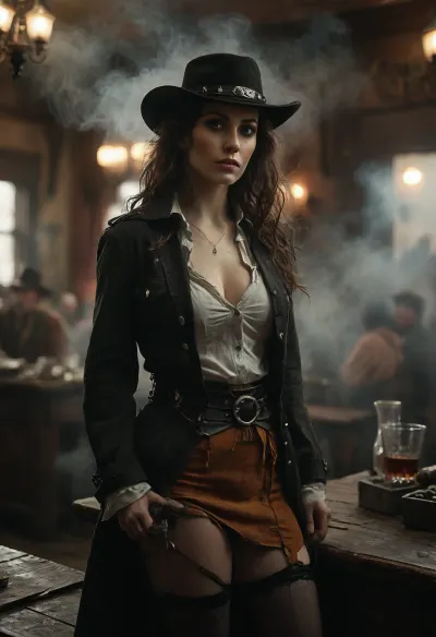 Monochrome, Wild West 1790, portrait of a super sexy athletic and flat-chested gunslinger stands drunk in a saloon, she wears a long brown coat, underneath a white cotton rough men's shirt with buttons, a beige miniskirt, (black fishnet stockings:1.4), cowboy boots, a cartridge belt with a pistol holder around her waist, her dusty black hat is pulled low over her face, perfect face, perfect hands, dangerous aura, leaning tipsy against the polished wooden bar of a smoky frontier saloon, (whiskey glass in one hand:1.3), warm golden lamplight, card tables and piano in the background, cowboys and gamblers glancing her way. Sawdust on the floor, haze of cigar smoke in the air, filled with dust and smoke, emphasizing a cinematic, dystopian cowboy atmosphere, art Style & Technique is a dirty old style, Ultra-realistic digital painting with cinematic depth of field. Highly detailed texturing on leather, skin, and hair, dramatic contrast lighting and warm dusty tones, a sharp foreground focus and a slightly blurred background to create depth, masterpiece, best quality, ultra-detailed, cinematic lighting, wild west, smoking weed, cannabis, Ultra-realistic Western art, highly detailed, cinematic moody lighting, tense but charismatic atmosphere., crowd, of, people, FRESHIDEAS, Real, Photography, 2#, Black, and, white, art, black, shading, charcoal, toned, brutal, dark, b/w, color, scheme, from, below, shoes, delicate, detailed, eyes, <lora:FRESHIDEAS Real Photography 2#:.8>, <lora:crowd_notrigger:.8>, <lora:MJ52:.8>, <lora:Black and white art.V1:1.9>, <lora:underanglexl16:1.9>