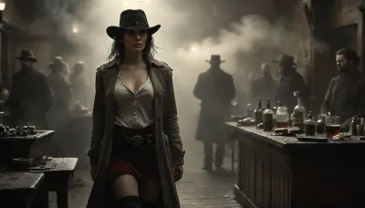 Monochrome, Wild West 1790, backside view of a super sexy athletic and flat-chested gunslinger stands drunk in a saloon with whiskey glass in one hand, she wears, (a long beige dirty used coat:1.3), underneath a white cotton rough men's shirt with buttons, (a dark red miniskirt:1.4), (black fishnet stockings:1.4), cowboy boots, (a cartridge belt with a pistol holder around her waist:1.4), her dusty black hat is pulled low over her face, perfect face, perfect hands, dangerous aura, leaning tipsy against the polished wooden bar of a smoky frontier saloon, (whiskey glass in one hand:1.3), warm golden lamplight, card tables and piano in the background, cowboys and gamblers glancing her way. Sawdust on the floor, haze of cigar smoke in the air, filled with dust and smoke, emphasizing a cinematic, dystopian cowboy atmosphere, art Style & Technique is a dirty old style, Ultra-realistic digital painting with cinematic depth of field. Highly detailed texturing on leather, skin, and hair, dramatic contrast lighting and warm dusty tones, a sharp foreground focus and a slightly blurred background to create depth, masterpiece, best quality, ultra-detailed, cinematic lighting, wild west, smoking weed, cannabis, Ultra-realistic Western art, highly detailed, cinematic moody lighting, tense but charismatic atmosphere., crowd, of, people, FRESHIDEAS, Real, Photography, 2#, Black, and, white, art, black, shading, charcoal, toned, brutal, dark, b/w, color, scheme, <lora:FRESHIDEAS Real Photography 2#:.8>, <lora:crowd_notrigger:.8>, <lora:MJ52:.8>, <lora:Black and white art.V1:1.9>