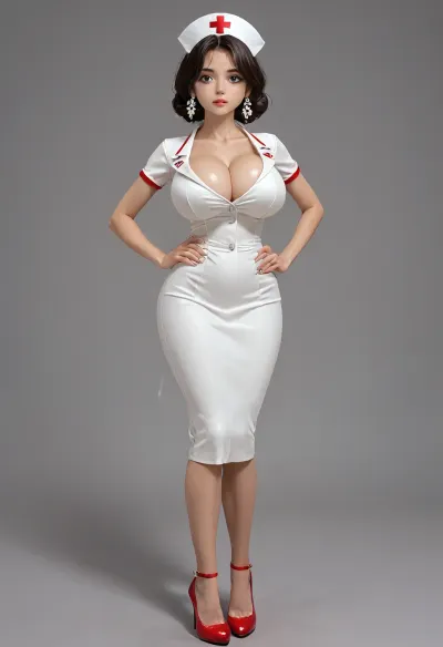 Super realistic 8k style, big tits, Allison Scagliotti "Vault 13", gorgeous, nurse, massive breasts, breast expansion, waist, wearing nurse uniform, very tight clothes, juicy lips, busty, oiled up, perfect round large ass, cleavage, massive bulging breasts, big breasts bulging in uniform, strongbana art, lucky star artstyle, cle masahiro art, cayyless art, high heels, hd, full body viev