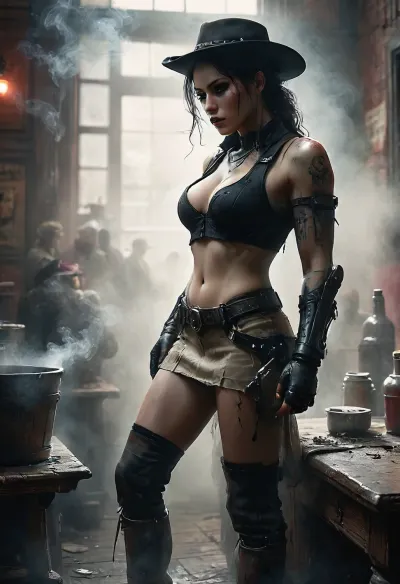 Monochrome, Wild West 1790, backside view of a super sexy athletic and flat-chested gunslinger stands drunk in a saloon, lifts up her dark red miniskirt, she wears, (a long beige dirty used coat:1.3), underneath a white cotton rough men's shirt with buttons, (a dark red miniskirt:1.4), (black fishnet stockings:1.4), cowboy boots, (a cartridge belt with a pistol holder around her waist:1.4), her dusty black hat is pulled low over her face, perfect face, perfect hands, dangerous aura, leaning tipsy against the polished wooden bar of a smoky frontier saloon, (whiskey glass in one hand:1.3), warm golden lamplight, card tables and piano in the background, cowboys and gamblers glancing her way. Sawdust on the floor, haze of cigar smoke in the air, filled with dust and smoke, emphasizing a cinematic, dystopian cowboy atmosphere, art Style & Technique is a dirty old style, Ultra-realistic digital painting with cinematic depth of field. Highly detailed texturing on leather, skin, and hair, dramatic contrast lighting and warm dusty tones, a sharp foreground focus and a slightly blurred background to create depth, masterpiece, best quality, ultra-detailed, cinematic lighting, wild west, smoking weed, cannabis, Ultra-realistic Western art, highly detailed, cinematic moody lighting, tense but charismatic atmosphere., crowd, of, people, FRESHIDEAS, Real, Photography, 2#, Black, and, white, art, black, shading, charcoal, toned, brutal, dark, b/w, color, scheme, mad-2cbrrm, mad-1cbrrm, <lora:FRESHIDEAS Real Photography 2#:.8>, <lora:crowd_notrigger:.8>, <lora:MJ52:.8>, <lora:Black and white art.V1:1.9>, <lora:Neon_Cyberpunk_Cyberarm_SDXL:.4>