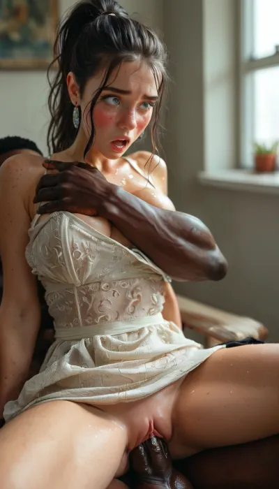 8k, uhd, photorealistic, (close view of face:1.3), ((interracial)), ((dynamic scene)), ((1man, 1woman)), (sitting on man's cock, cock in pussy:1.1), (blushing:1.2), a sensual woman sits in a euphoric state with her limbs limp and drained of all energy on a much larger man's lap with his huge veined cock sunk deep into her little tight pussy, ((arm chair)), (she is moaning with pleasure and excitement:1.2), (shock and confusion at taking such a large cock inside of her), she has large almond-shaped eyes and freckles, large eyes, straight black hair in a high ponytail, (tiny waist and wide hips:1), large retrousse breasts, her summer dress is lifted and her breasts are visible, glistening skin, (embrace from behind), fondling breasts, (looking down:1.2), <lora:BUT_SDXL_SHS:1>, <lora:MJ52:.7>