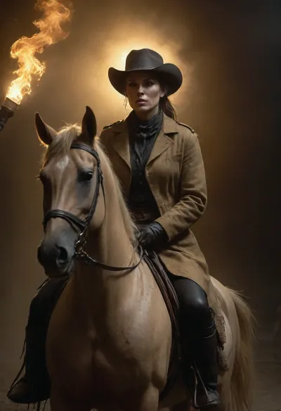 Wild West 1790, front view of a super sexy athletic and flat-chested gunslinger riding on her horse through Old West Ghost Town by night, (sits on horse saddle:1.7), (holds burning torch in one hand:1.4), (bright golden light illuminates her face and the entire surrounding:1.8), (entire horse in frame:1.9), rainy darkness, (hard rain:1.3), (soaked wet clothes:1.3), she wears, (a wet long beige dirty used coat:1.3), underneath a wet white cotton rough men's shirt with buttons, (a wet dark red miniskirt:1.4), (black fishnet stockings:1.4), cowboy boots, her very wet black hat is pulled low over her face, perfect face, perfect hands, dangerous aura, leaning forward against the rain and mist, wet perfect horse, breathtaking nature, emphasizing a cinematic, dystopian cowboy atmosphere, art Style & Technique is a dirty old style, Ultra-realistic digital painting with cinematic depth of field. Highly detailed texturing on leather, skin, and hair, dramatic contrast lighting and warm oil lamp light, a sharp foreground focus and a slightly blurred background to create depth, masterpiece, best quality, ultra-detailed, cinematic lighting, wild west, smoking weed, cannabis, Ultra-realistic Western art, highly detailed, cinematic moody lighting, tense but charismatic atmosphere, Black, and, white, art, black, shading, charcoal, toned, brutal, dark, b/w, color, scheme, kisyu, horse, riding, <lora:Black and white art.V1:2>, <lora:kisyu_XL_V1.0:1.2>