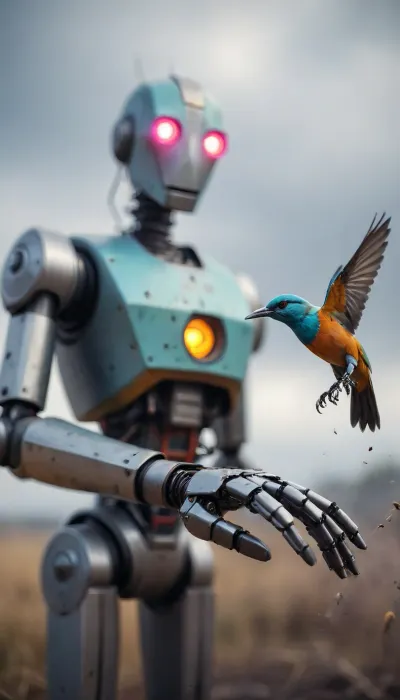 very strong close-up with shallow depth of field of a colorful Bird fed with seeds from outstretched robot hand in foreground, (background filled with a blurred robot face observes the bird on the hand:1.4), cloudy, smoke, atmospheric, clouds, fog, TIE, fighter, <lora:Simon_Stalenhag_LFTL_SDXL:1.7>, <lora:Cloudy_Style:.8>, <lora:TIE fighter:.8>, <lora:[XL]focus:.8>