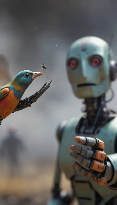very strong close-up with shallow depth of field of a colorful Bird fed with seeds from outstretched robot hand in foreground, (background filled with a blurred robot face observes the bird on the hand:1.4), cloudy, smoke, atmospheric, clouds, fog, TIE, fighter, <lora:Simon_Stalenhag_LFTL_SDXL:1.7>, <lora:Cloudy_Style:.8>, <lora:TIE fighter:.8>, <lora:[XL]focus:.8>