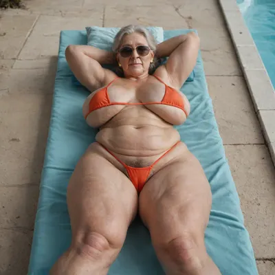 Full body shot, very Old woman, granny, lying down, sleeping, sunbathing by a pool, ((wrinkled skin)), ((cellulite)), wearing sunglasses, small bikini, ((pubes peaking from bikini))