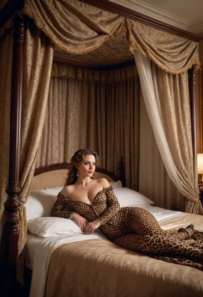 Victorian era, aristocratic bedroom, aristocrats canopy bed with curtains, night time, lavish bedroom, extravagant bedroom, (mature bimbo noblewoman), leopard print leotard, busty, woman laying on side on bed