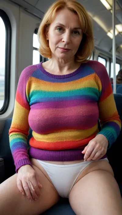 Ermakova Zinaida, 62-year-old woman, sweater, sitting on a train, in white cotton underpants, among many people, passers-by, legs spread apart, Multicolored, all the colors of the rainbow, <lora:sagging-000015:1.6>