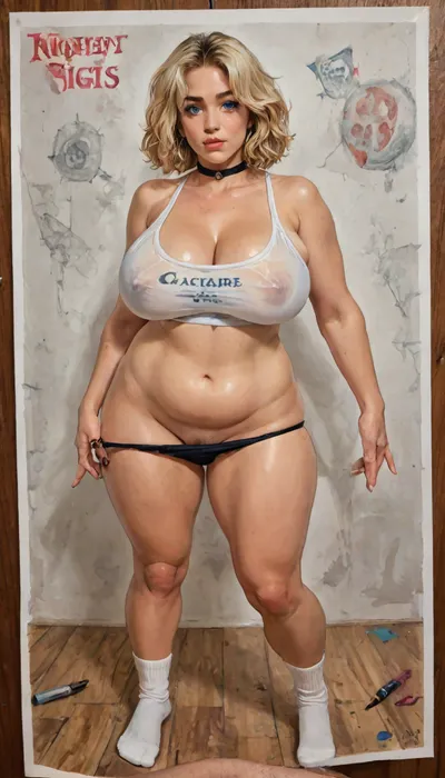 Reiq art style.
masterpiece, high quality, intristic, detailed, 26 years old chubby woman, full body, blonde hair, short straight hair, care haircut, bangs, choker, melancholic, big blue eyes, thick brows, blush, big chest, huge breasts, standing, spread legs, black panties, panty pull, feet, BBW, tall, pussy, white kneesocks, nsfw, white crop top, defined abs, BREAK traditional media, watercolor, (medium), paper, painting, Charcoal, drawing, colored, crayons, black, pencil, and, white, graphite, <lora:panty_pull:1>, <lora:DonaughtX2Lora-000105:.8>, <lora:LCMTurboMix_Euler_A_fix:.8>, <lora:Black_pencil_drawing-000001:1.3>