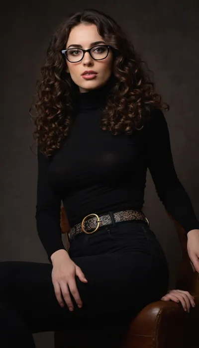 hot brunette, (dark long curly hair), black tight jeans, belt, tight dark turtleneck, glasses, sitting facing viewer, legs crossed, extreme narrow waist, ((extreme big butt)), big tits
