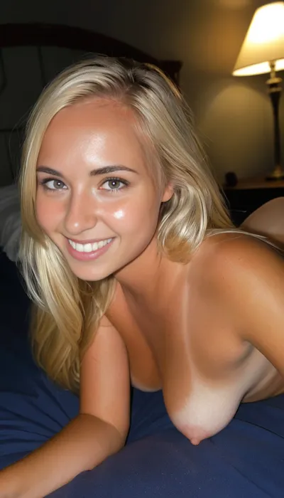 Sincere photo, playful 21-year-old student girlfriend, small perky tits, athletic body, long blonde hair, she lies next to you in bed, dark bedroom, cute smile, absolute realism, poor lighting, nighttime, dark, night, realistic detailed skin texture, focus on realistic face, stunning eyes, tanned skin