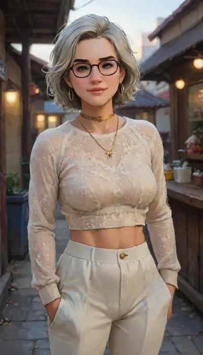 Andava, Andavaverse, DYLAN KARURA ROTH Traveling With Her Family and Arriving At Tokyo Cocktail Bar.

DYLAN KARURA ROTH, East-Asian, Korean, MILF, Wife, confident and mature middle-aged woman, Height 5'7, a stylized character featuring sharp mature facial features Fine lines and wrinkles Especially around the eyes and mouth smile lines and forehead, two-tone black hair with silver highlights sleek bob-cut hairstyle, and expressive bright_grey_eyes, framed by thin-rimmed designer female glasses. wearing a fitted long-sleeve underboob crop top in a light beige or off-white color, which accentuates her figure. Her low-waisted low-rise loose-fit jogger pants are taupe or khaki, with a comfortable, slouchy silhouette that tapers at the ankles. She completes the look with black high-heeled open-toe shoes, adding a bold and elegant contrast to the relaxed bottoms. She accessorizes with a delicate jewellery belly chain featuring small charms and gemstones. The overall look is chic, athletic body, flat stomach, toned abs, accessorized with gold earrings and a jewelled choker and wedding ring. Her pose is poised and seductive relaxed, knowing smile and detailed_grey_eyes, blending professionalism with subtle sensuality. The character exudes authority and charm, with a slender yet athletic hourglass figure emphasizing elegance and confidence.Shes hard working mom of two 'Alexis and Pelo'.

perfect human female anatomy, best quality, 8k, insane details, intricate details, hyperdetailed, hyper quality, ultra detailed, professional, HDR, ray tracing reflection, cinematic lighting, highlydetailedbody, realisticface, highlydetailedhair, perfectfingers, insanelydetailed, 8K.highdetailedskin, highresolution, (j_cartoon:1.5), Drawing, grannie, uberfit, muscular, athletic, <lora:Older_woman-000008:2>, <lora:detailed_notrigger:2>, <lora:samdoesarts1.1-000030:.4>, <lora:J_cartoon:.3>, <lora:Animated_Concept:.4>