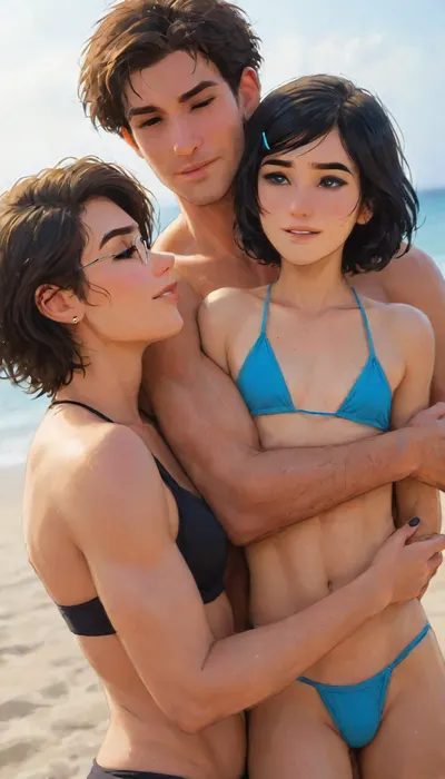 Andava, Andavaverse, The Family Take A Cute Photo On The Beach. Mr Roth Hugging Alexis From Behind, Karura Hugging Both From The Side, Pelo Snaps A Pic.

Mr Roth, Caucasian, Italian-American, Husband, muscular large superhero god tall body tall mature older senior man, Height 6'2, a stylized character with a powerful chiseled build. He has a square jaw, thick black mustache, and intense blue eyes. His short, dark hair is streaked with gray at the temples, styled neatly to enhance his authoritative look. His body is covered with a natural spread of chest and limb hair, emphasizing his masculinity. Defined abs, broad shoulders, and exaggerated muscular proportions give him an imposing, heroic presence, his design emphasizes raw strength, maturity, and dominance. A commanding figure blending rugged masculinity. He's a hardworking Dad of two 'Alexis and Pelo'.
And.
DYLAN KARURA ROTH, East-Asian, Korean, Wife, confident and mature petite middle-aged woman, Height 5'7, a stylized character featuring sharp mature facial features Fine lines and wrinkles Especially around the eyes and mouth smile lines and forehead, two-tone black hair with silver highlights sleek bob-cut hairstyle, and expressive bright-grey eyes, framed by thin-rimmed designer female glasses. Wearing black bikini, accessorized with gold earrings and a jewelled choker and wedding ring. Her pose is poised and seductive relaxed, knowing smile and half-lidded eyes, blending professionalism with subtle sensuality. The character exudes authority and charm, with a slender yet athletic hourglass figure emphasizing elegance and confidence.She's hard working mom of two 'Alexis and Pelo'.
ALEXIS ROTH, Italian-Korean femboy, Height 5'5, A stylized anime-style featuring a feminine, androgynous anime character with bright-blue eyes, black hair and a headband, wearing fashion bikini, highly detailed, intricate, visible penis bulge, showing toned abs and a relaxed confident expression, coy smile, black nails, The character is muscular yet slender, flat chest, blending masculine and feminine features.

1boy, 1girl, 1femboy, size_play, height_difference, size_difference, weight_difference, husband on wife, dom_male, sub_female, grandfather on grandmother, perfect anatomy, best quality, 8k, insane details, intricate details, hyperdetailed, hyper quality, ultra detailed, professional, HDR, ray tracing reflection, cinematic lighting, highlydetailedbody, realisticface, highlydetailedhair, perfectfingers, insanelydetailed, 8K.highdetailedskin, highresolution, (j_cartoon:1.5), Drawing, uberfit, muscular, athletic, J., Jonah, Jameson, <lora:Older_woman-000008:1>, <lora:J. Jonah Jameson:1>, <lora:samdoesarts1.1-000030:.4>, <lora:J_cartoon:.3>, <lora:Animated_Concept:.4>