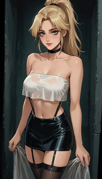 Score_9, score_8_up, score_7_up, reiq meets markgavatino art style, 22 year old, black stockings with garters, (garters:1.3), (makeup:1.3), black choker, leather micro skirt, (white wet transparent tube_top), ((woman, standing)), (seductive face:1.4), ((long_straight_blonde_hair in a high ponytail)), standing, looking up at you, (((teary eyes))), cute, ratatatat74, <lora:cutedoodle_XL-000012:.8>, <lora:ratatatat74-000050:.8>, <lora:NEOTOKIOXL_0.2_RC:.8>, <lora:outline_xl_kohaku_delta_spv5x:.8>