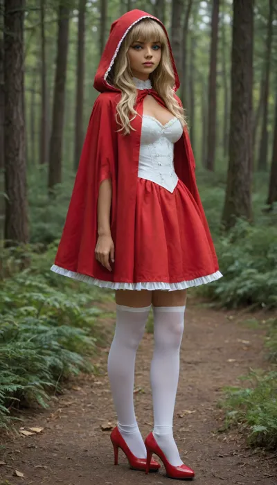 3/4 view, (young pretty petite athletic woman:1.6), (blonde with bangs:1.6), (eye shadow:1.6), (olive skin:1.6), ((blue eyes)), tight big breasts, Submissive, Nymphomaniac, ((flirtatious expression)), (posing like a model), ((Red hooded cloak)), ((red short victorian dress)), ((white stocking with red heels)), ((Forest))