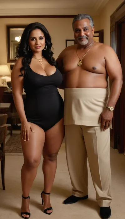 Man and woman, old mature, sexy 40 years, oversized curvy hourglass figure voluptuous indian woman, ponytail long wave black hair, (tan brown skin), very glamour, big hoop earrings, necklace, wide hip, culottes, thin curvy, massive boobs, at the fancy room, selfie, full body view, looking at the camera, big culottes, sexy naught seducing smirks, mules sexy heels, charming, very hot and horny, Full naked, (old mature black negro full black fat 1man:1), holding touching embracing tightly her hands romantic
