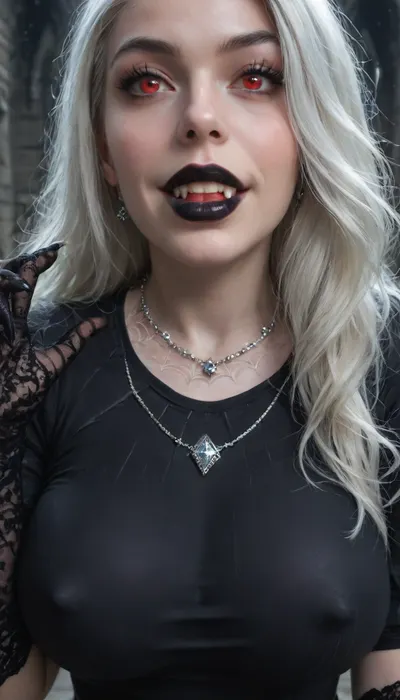 A 25-year-old girl, a glass of wine in her hand, (long hair:1), (white hair:2), (perfect body proportions), (narrow waist), (pale skin, skin whiteness:1.5), (huge breasts:1), ((bright red eyes), (calm, thoughtful face, (long smile:1), (vampire fangs), (sharp facial features:1.2), (narrow face:1.2), thick lips, black lipstick, (wide jaw), wide cheekbones, (long black lace gloves), (long black dress:1), (tight dress:2), (deep neckline:2), (erect nipples), (diamond necklace like a spider web), (fair skin), (in a dark castle), (dark:1.5), close-up))