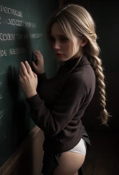 Classroom, ((18 year old student standing against the chalkboard:1.3)), ((her hands up against the chalkboard:1.5)), perfect face, insanely beautiful, young russian instagram model, ((crying alot)), ((tears rolling down cheeks)), ((looking very sad)), ((looking innocent, looking natural:1.3)), long braided blonde hair, tanned skin, skinny, tiny ass, ((massive firm breasts)), (school uniform), (tight sweater), (pleated miniskirt), (white panties underneath miniskirt), knee-high socks, ((getting roughly fucked from behind by old ugly fat teacher:1.7)), ((waist shot of man and woman)), ((side view from above:1.7)), large, breasts, big, boobs, huge, tits, <lora:bombshell_v2:.8>, bmbplora, <lora:bimboxl_02:.8>, <lora:dark:.8>