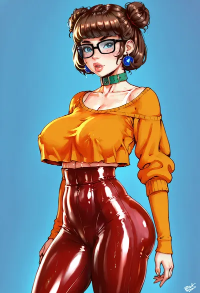 Super realistic 8k style, score_9, score_8_up, score_7_up, FILM PHOTOGRAPHY STYLE, velma dinkley from scooby doo, brunette, two buns hairstyle, slut, extremely pretty face, oiled skin, tanned, huge natural saggy tits, solid color background, huge natural tits, big boobs, fit, super waist, waist, fit thighs, medium tight ass, medium round ass, collar, womens off shoulder graphic tee stretched crop top, pouting big lips, looking at viewer, horny, long legs, hdr, ultra detailed face, clothe on, teasing viewer, sexy poses, <lora:detailed_notrigger:2>, <lora:add-detail-xl:.8>, <lora:LCMTurboMix_Euler_A_fix:.8>, <lora:677862_training_data:.8>