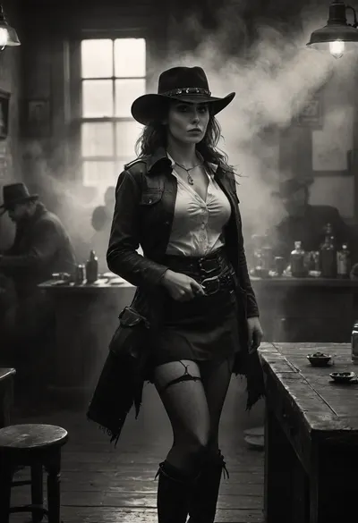 Monochrome, Wild West 1790, portrait of a super sexy athletic and flat-chested gunslinger stands drunk in a saloon, she wears a long brown leather coat, underneath a white cotton rough men's shirt with buttons, a beige miniskirt, (black fishnet stockings:1.4), cowboy boots, a cartridge belt with a pistol holder around her waist, her dusty black hat is pulled low over her face, perfect face, perfect hands, dangerous aura, leaning tipsy against the polished wooden bar of a smoky frontier saloon, (whiskey glass in one hand:1.3), warm golden lamplight, card tables and piano in the background, cowboys and gamblers glancing her way. Sawdust on the floor, haze of cigar smoke in the air, filled with dust and smoke, emphasizing a cinematic, dystopian cowboy atmosphere, art Style & Technique is a dirty old style, Ultra-realistic digital painting with cinematic depth of field. Highly detailed texturing on leather, skin, and hair, dramatic contrast lighting and warm dusty tones, a sharp foreground focus and a slightly blurred background to create depth, masterpiece, best quality, ultra-detailed, cinematic lighting, wild west, smoking weed, cannabis, Ultra-realistic Western art, highly detailed, cinematic moody lighting, tense but charismatic atmosphere., crowd, of, people, FRESHIDEAS, Real, Photography, 2#, Black, and, white, art, black, shading, charcoal, toned, brutal, dark, b/w, color, scheme, <lora:FRESHIDEAS Real Photography 2#:.8>, <lora:crowd_notrigger:.8>, <lora:MJ52:.8>, <lora:Black and white art.V1:1.9>