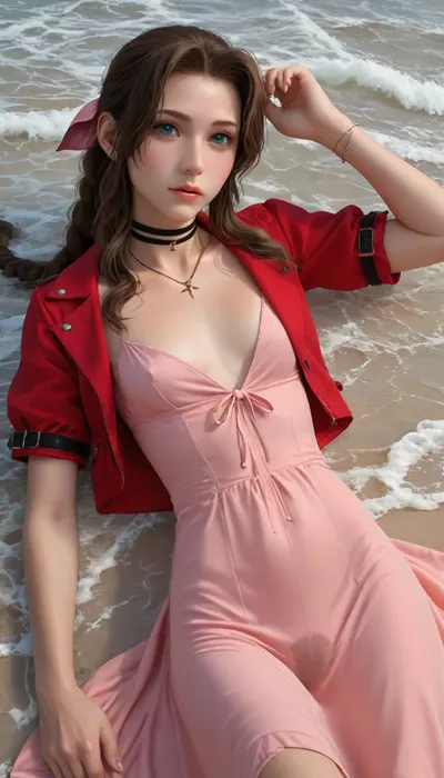 (Masterpice), (HD4K visual), (detailed background), 4K ultra-detailed image, HDR, enhancement, professional photography, precise anatomy, (perfect symmetry, 5 fingers per hand), realistic textures, maximum resolution, sharp focus, NSFW, picture, Aerith Gainsborough from Final Fantasy VII wearing a, ((long pink dress)), athletic body, black and a short red jacket, hairy pussy, small breasts, perky pointed nipples, wet clothes, laying down, washed up on shore, wide shot, on a beach, waves in backgrownd, sunny, day time, sun beaming down, incase, style, ratatatat74, defaerith, braided, ponytail, hair, bow, pink, choker, necklace, cropped, jacket, red, short, sleeves, dress, long, altaerith, very, ribbons, drill, star, ballgown, bare, shoulders, strapless, plunging, neckline, <lora:287175_training_data:1.4>, <lora:ratatatat74-000050:1.4>, <lora:aerith-xl-nvwls-v1:1>, <lora:add-detail-xl:2>