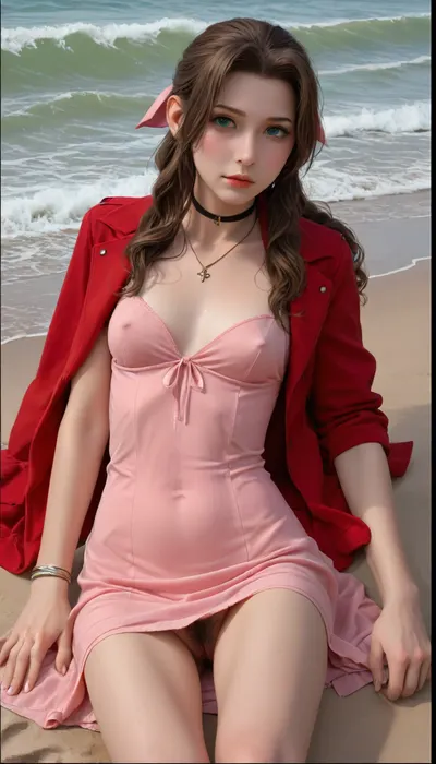 (Masterpice), (HD4K visual), (detailed background), 4K ultra-detailed image, HDR, enhancement, professional photography, precise anatomy, (perfect symmetry, 5 fingers per hand), realistic textures, maximum resolution, sharp focus, NSFW, picture, Aerith Gainsborough from Final Fantasy VII wearing a, ((long pink dress)), athletic body, black and a short red jacket, hairy pussy, small breasts, perky pointed nipples, wet clothes, laying down, washed up on shore, wide shot, on a beach, waves in backgrownd, sunny, day time, sun beaming down, incase, style, ratatatat74, defaerith, braided, ponytail, hair, bow, pink, choker, necklace, cropped, jacket, red, short, sleeves, dress, long, altaerith, very, ribbons, drill, star, ballgown, bare, shoulders, strapless, plunging, neckline, <lora:287175_training_data:1.4>, <lora:ratatatat74-000050:1.4>, <lora:aerith-xl-nvwls-v1:1>, <lora:add-detail-xl:2>