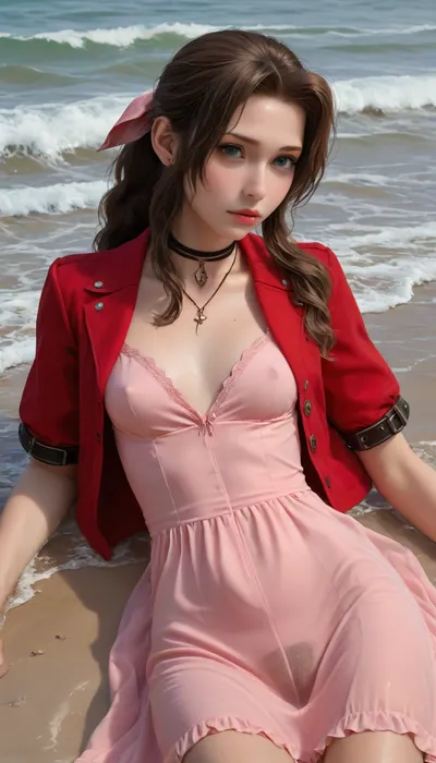 (Masterpice), (HD4K visual), (detailed background), 4K ultra-detailed image, HDR, enhancement, professional photography, precise anatomy, (perfect symmetry, 5 fingers per hand), realistic textures, maximum resolution, sharp focus, NSFW, picture, Aerith Gainsborough from Final Fantasy VII wearing a, ((long pink dress)), exhausted expression, athletic body, black and a short red jacket, hairy pussy, small breasts, perky pointed nipples, wet clothes, laying down, washed up on shore, wide shot, on a beach, waves in backgrownd, sunny, day time, sun beaming down, incase, style, ratatatat74, defaerith, braided, ponytail, hair, bow, pink, choker, necklace, cropped, jacket, red, short, sleeves, dress, long, altaerith, very, ribbons, drill, star, ballgown, bare, shoulders, strapless, plunging, neckline, <lora:287175_training_data:1.4>, <lora:ratatatat74-000050:1.4>, <lora:aerith-xl-nvwls-v1:1>, <lora:add-detail-xl:2>