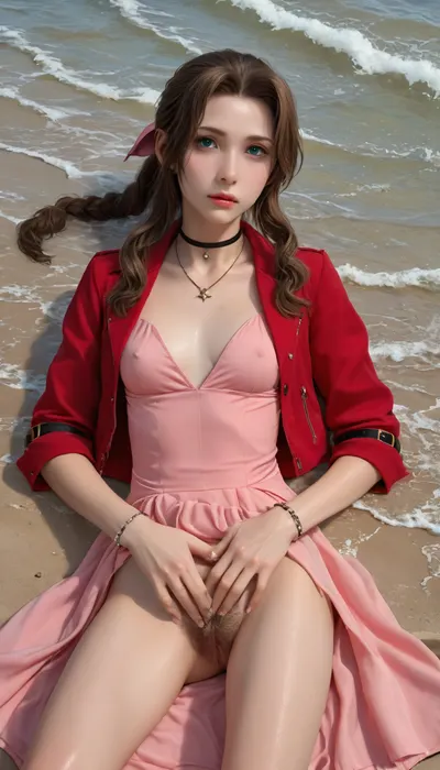 (Masterpice), (HD4K visual), (detailed background), 4K ultra-detailed image, HDR, enhancement, professional photography, precise anatomy, (perfect symmetry, 5 fingers per hand), realistic textures, maximum resolution, sharp focus, NSFW, picture, Aerith Gainsborough from Final Fantasy VII wearing a, ((long pink dress)), exhausted expression, athletic body, black and a short red jacket, hairy pussy, small breasts, perky pointed nipples, wet clothes, laying down, legs spread, washed up on shore, wide shot, on a beach, waves in backgrownd, sunny, day time, sun beaming down, incase, style, ratatatat74, defaerith, braided, ponytail, hair, bow, pink, choker, necklace, cropped, jacket, red, short, sleeves, dress, long, altaerith, very, ribbons, drill, star, ballgown, bare, shoulders, strapless, plunging, neckline, <lora:287175_training_data:1.4>, <lora:ratatatat74-000050:1.4>, <lora:aerith-xl-nvwls-v1:1>, <lora:add-detail-xl:2>