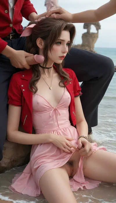 (Masterpice), (HD4K visual), (detailed background), 4K ultra-detailed image, HDR, enhancement, professional photography, precise anatomy, (perfect symmetry, 5 fingers per hand), realistic textures, maximum resolution, sharp focus, NSFW, picture, Aerith Gainsborough from Final Fantasy VII wearing a, ((long pink dress)), orgasm expression, athletic body, black and a short red jacket, hairy pussy, small breasts, perky pointed gumdrop nipples, wet clothes, laying down, legs spread, washed up on shore, wide shot, side view, on a beach, waves in backgrownd, sunny, day time, sun beaming down, incase, style, ratatatat74, defaerith, braided, ponytail, hair, bow, pink, choker, necklace, cropped, jacket, red, short, sleeves, dress, long, altaerith, very, ribbons, drill, star, ballgown, bare, shoulders, strapless, plunging, neckline, big buff men, men standing around Aerith, big brown cocks, handjob, <lora:287175_training_data:1.4>, <lora:ratatatat74-000050:1.4>, <lora:aerith-xl-nvwls-v1:1.4>, <lora:add-detail-xl:2>