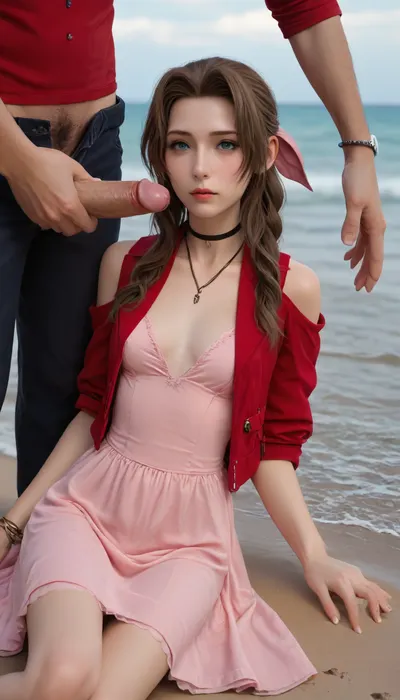 (Masterpice), (HD4K visual), (detailed background), 4K ultra-detailed image, HDR, enhancement, professional photography, precise anatomy, (perfect symmetry, 5 fingers per hand), realistic textures, maximum resolution, sharp focus, NSFW, picture, Aerith Gainsborough from Final Fantasy VII wearing a, ((long pink dress)), orgasm expression, athletic body, black and a short red jacket, hairy pussy, small breasts, perky pointed gumdrop nipples, wet clothes, laying down, legs spread, washed up on shore, wide shot, side view, on a beach, waves in backgrownd, sunny, day time, sun beaming down, incase, style, ratatatat74, defaerith, braided, ponytail, hair, bow, pink, choker, necklace, cropped, jacket, red, short, sleeves, dress, long, altaerith, very, ribbons, drill, star, ballgown, bare, shoulders, strapless, plunging, neckline, big buff men, men standing around Aerith, big brown cocks, handjob, <lora:287175_training_data:1.4>, <lora:ratatatat74-000050:1.4>, <lora:aerith-xl-nvwls-v1:1.4>, <lora:add-detail-xl:2>