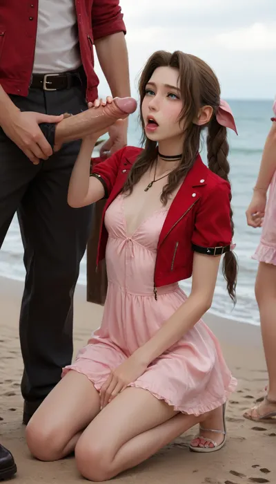 (Masterpice), (HD4K visual), (detailed background), 4K ultra-detailed image, HDR, enhancement, professional photography, precise anatomy, (perfect symmetry, 5 fingers per hand), realistic textures, maximum resolution, sharp focus, NSFW, picture, Aerith Gainsborough from Final Fantasy VII wearing a, ((long pink dress)), ahegao expression, athletic body, black and a short red jacket, hairy pussy, small breasts, perky pointed gumdrop nipples, wet clothes, on knees, washed up on shore, wide shot, side view, on a beach, waves in backgrownd, sunny, day time, sun beaming down, incase, style, ratatatat74, defaerith, braided, ponytail, hair, bow, pink, choker, necklace, cropped, jacket, red, short, sleeves, dress, long, altaerith, very, ribbons, drill, star, ballgown, bare, shoulders, strapless, plunging, neckline, big buff men, men standing around Aerith, big brown cocks, handjob, tongue, out, ahegao, drool, <lora:287175_training_data:1.4>, <lora:ratatatat74-000050:1.4>, <lora:aerith-xl-nvwls-v1:1.4>, <lora:add-detail-xl:2>, <lora:ahegao_mr_chrisma:1.4>