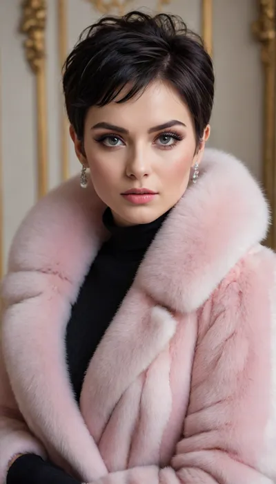 beautiful, charming, luxurious, elegant, spectacular Russian woman, white and black hair, super-voluminous pixie haircut, expressive eyes, in a chic outfit, an elegant fur coat made of pieces and stripes of white, pearl, pale beige, powdery and pale pink mink fur, for a luxurious 20-year-old woman with curvaceous, narrow face, bright festive makeup and luxurious jewelry made of natural stones, professional full-length half-turn photo, winter, bustysophie, maid, <lora:bustysophie_xl_v1.1:1.9>, <lora:xl_cute_maid_dress-1.0:1.9>
