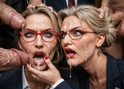(1woman, group of men), close up, female British tax officer, older MILF, striking blue eyes, blonde, ((open mouth, shocked, angry attitude, arrogant attitude, dominant face, bitchy face)), perfect haircut, straight, bun, red frame glasses, red nails, authoritative ensemble, ((big naked silicon tits)), heavy naked breast, MM cup breast, large nipples, (dark blue uniform Blazer, ruffle satin see trough BH), black high stiletto heels, group of older men, older gentlemen, dominat, brutal, (men wearing Old Fashioned Black Suit with long coat), sexual scene, ((close up woman's face)), all men ejaculating on her face, much cum on face, head grab, neck grab, tits grab, huge cocks, huge testicles, excessive cum, cock ejaculating in her mouth, cum dripping on her tits, very much cum, Victorian library, fireplace in background, bukkake, cum, <lora:MS_Real_XL_Bukkake:.8>