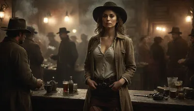 Monochrome, Wild West 1790, backside view of a super sexy athletic and flat-chested gunslinger stands drunk in a saloon with whiskey glass in one hand, she wears, (a long beige dirty used coat:1.3), underneath a white cotton rough men's shirt with buttons, (a dark red miniskirt:1.4), (black fishnet stockings:1.4), cowboy boots, (a cartridge belt with a pistol holder around her waist:1.4), her dusty black hat is pulled low over her face, perfect face, perfect hands, dangerous aura, leaning tipsy against the polished wooden bar of a smoky frontier saloon, (whiskey glass in one hand:1.3), warm golden lamplight, card tables and piano in the background, cowboys and gamblers glancing her way. Sawdust on the floor, haze of cigar smoke in the air, filled with dust and smoke, emphasizing a cinematic, dystopian cowboy atmosphere, art Style & Technique is a dirty old style, Ultra-realistic digital painting with cinematic depth of field. Highly detailed texturing on leather, skin, and hair, dramatic contrast lighting and warm dusty tones, a sharp foreground focus and a slightly blurred background to create depth, masterpiece, best quality, ultra-detailed, cinematic lighting, wild west, smoking weed, cannabis, Ultra-realistic Western art, highly detailed, cinematic moody lighting, tense but charismatic atmosphere., crowd, of, people, FRESHIDEAS, Real, Photography, 2#, Black, and, white, art, black, shading, charcoal, toned, brutal, dark, b/w, color, scheme, <lora:FRESHIDEAS Real Photography 2#:.8>, <lora:crowd_notrigger:.8>, <lora:MJ52:.8>, <lora:Black and white art.V1:1.9>