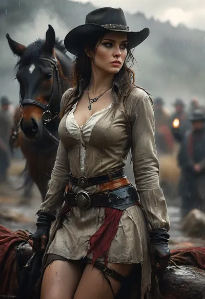 Monochrome, Wild West 1790, backside view of a super sexy athletic and flat-chested gunslinger riding her horse through the Rocky Mountains on a hard rainy day, (hard rain:1.3), (soaked wet clothes:1.3), she wears, (a wet long beige dirty used coat:1.3), underneath a wet white cotton rough men's shirt with buttons, (a wet dark red miniskirt:1.4), (black fishnet stockings:1.4), cowboy boots, (a cartridge belt with a pistol holder around her waist:1.4), her very wet black hat is pulled low over her face, perfect face, perfect hands, dangerous aura, leaning forward against the rain and mist, wet perfect horse, breathtaking nature, (oil lamp in one hand:1.3), warm golden lamplight, emphasizing a cinematic, dystopian cowboy atmosphere, art Style & Technique is a dirty old style, Ultra-realistic digital painting with cinematic depth of field. Highly detailed texturing on leather, skin, and hair, dramatic contrast lighting and warm dusty tones, a sharp foreground focus and a slightly blurred background to create depth, masterpiece, best quality, ultra-detailed, cinematic lighting, wild west, smoking weed, cannabis, Ultra-realistic Western art, highly detailed, cinematic moody lighting, tense but charismatic atmosphere., crowd, of, people, FRESHIDEAS, Real, Photography, 2#, Black, and, white, art, black, shading, charcoal, toned, brutal, dark, b/w, color, scheme, kisyu, horse, riding, <lora:FRESHIDEAS Real Photography 2#:.8>, <lora:MJ52:.8>, <lora:Black and white art.V1:1.9>, <lora:kisyu_XL_V1.0:.8>