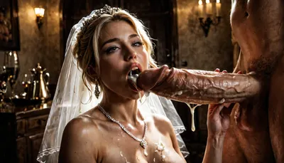 (((UHD 8K, masterpiece, best quality, maximum details, natural lighting, extreme realism))), a beautiful blonde 21yo bride in her wedding dress, naked, pleasuring a large athletic man, man has a huge and veiny throbbing hard cock, professional colored photography, raytracing, highres, ((super detailed professional photo)), masterpiece, photorealism, DSLR camera, best quality, best resolution, with UHD resolution, perfect composition of light and shadow, sharp focus, depth of field, perfectly detailed skin texture, perfect detail, double bj, very large caucasian penis, a white blonde bride in sexy wedding dress, cum dripping bride's chain' cum driping from massive white penis, man is standing on the left side of the picture, the girl are on their knees on the right side, the huge cock is aiming at the opened mouth of the bride, covering her face with a massive load of cum, the bride is kissing and licking the huge cock, there is glossy and sticky sperm on her tongue, cup full of sperm, cum swallowing, ((gokkun)), cum dripping from the corners of her lips, <lora:671410_training_data:.8>, <lora:dark:.5>, <lora:677862_training_data:.8>