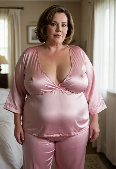 A full figured bbw fifty-year-old milf with sagging breasts in silk pajamas, bob cut, big, (wide big hips)